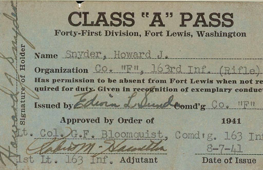Howard J. Snyder military service Class "A" Pass document from Fort Lewis, Washington.