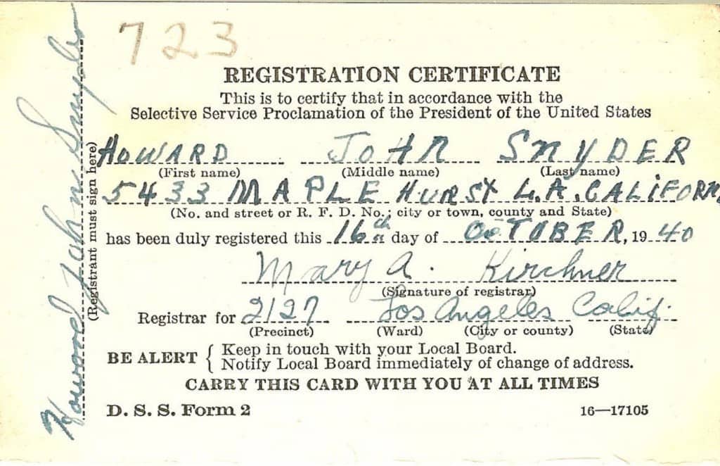 Howard T. Snyder, WWII veteran's registration card, historical military service document.