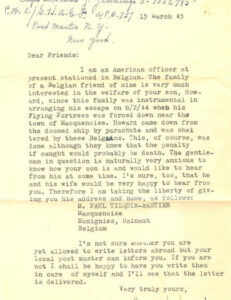 Blurry letter typed page, WWII letter, history, military, American officer, Belgium, Macqueoise, Normandy.