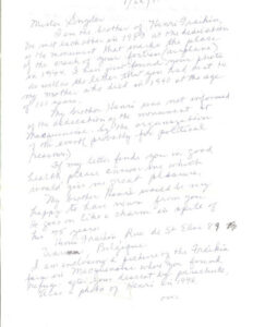 Weathered handwritten letter with blue ink on white paper, related to Steve Snyder, Author, historical figure, WWII, narration, memoir, retirement, writer, author, storytelling, 1940s history, personal reflection, historical context.