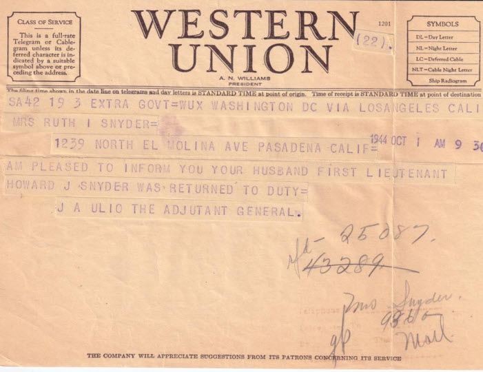 1930s wartime telegram from Steve Snyder author about military service, vintage correspondence, historical military communication, WWII era.