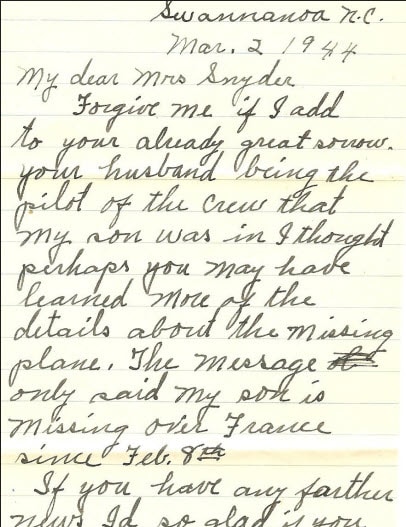 Sudden death letter from WWII veteran to Mrs. Snyder, emotional wartime correspondence, historical handwritten letter from 1944.