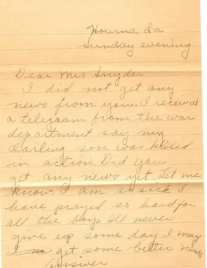 Handwritten letter by Steve Snyder author about WWII; personal, historical author image for SEO.