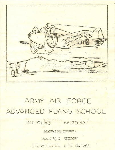 Vintage military aircraft sketch, Army Air Force pilot training manual cover, WWII era aviation training, Douglas Arizona April 12, 1943.