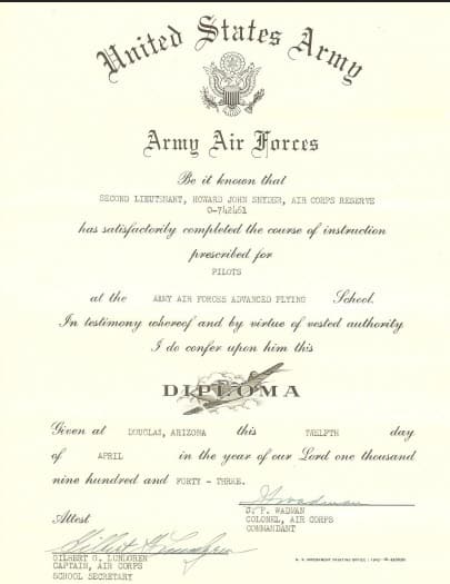 Original military diploma certificate from the U.S. Army Air Forces, featuring Steve Snyder, author, related to his background.