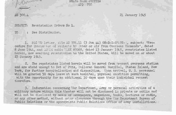 Recreation Orders No 1 document from WWII era, related to military reactivation and war department information.