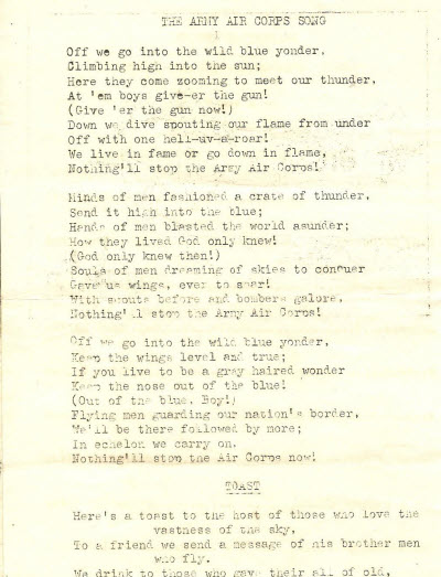 Army air corps song lyrics, patriotic WWII military anthem, historical army song, vintage military music, original army air corps document.