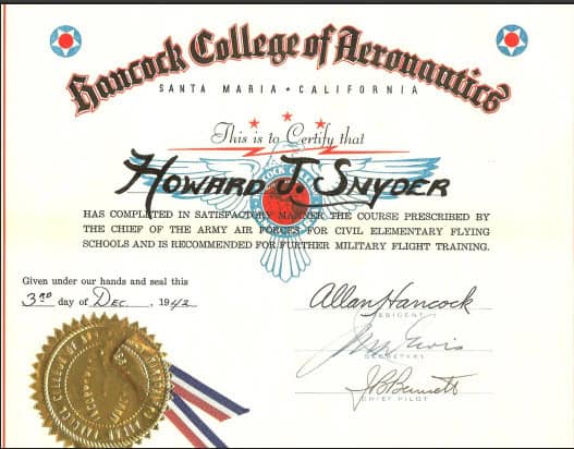 Certificate of completion for Steve Snyder, author specializing in WWII and aviation history research.