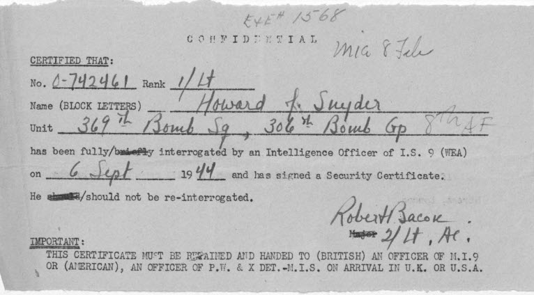 Howard F. Snyder WWII bomber crew member confidential document.
