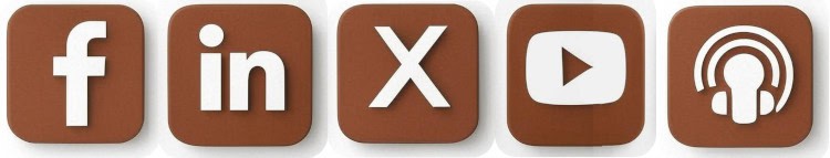image of five brown social media icons; FaceBook, LinkedIn, X, YouTube, Podcasts
