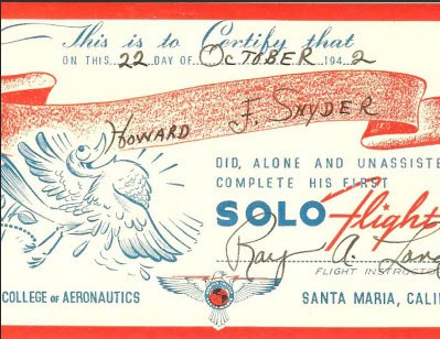 Vintage flight logbook page with Steve Snyder's name and aviation imagery.