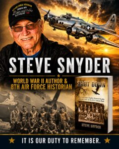 Steve Snyder wearing a cap with WWII insignia, smiling, with a B-17 flying overhead at sunset.
